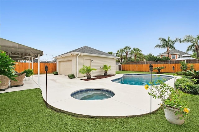 view of swimming pool featuring an outbuilding, a patio, and an in ground hot tub