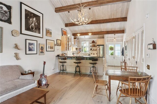 sitting room featuring light wood-type flooring, wood ceiling, brick wall, ceiling fan, and lofted ceiling with beams