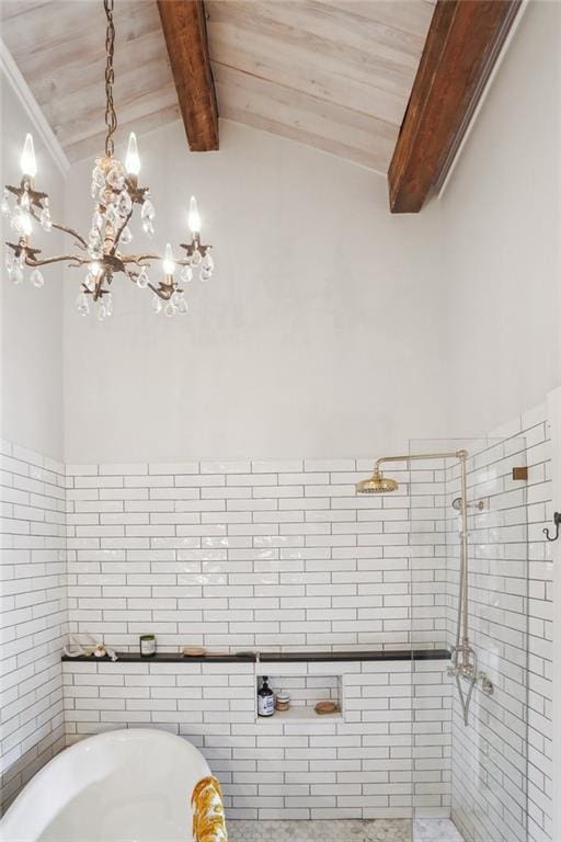 bathroom with wooden ceiling, lofted ceiling with beams, and an inviting chandelier