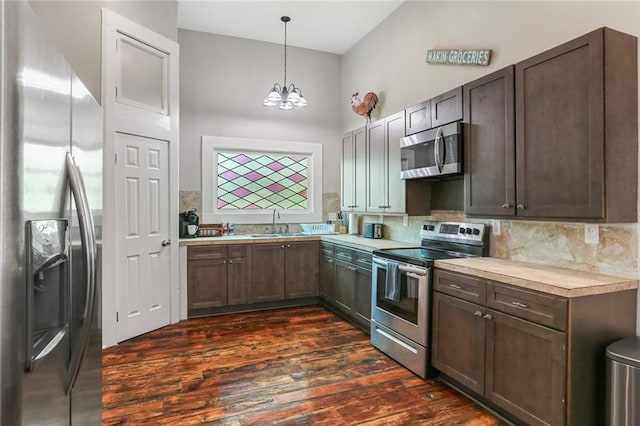 kitchen with dark wood-type flooring, an inviting chandelier, decorative backsplash, appliances with stainless steel finishes, and decorative light fixtures