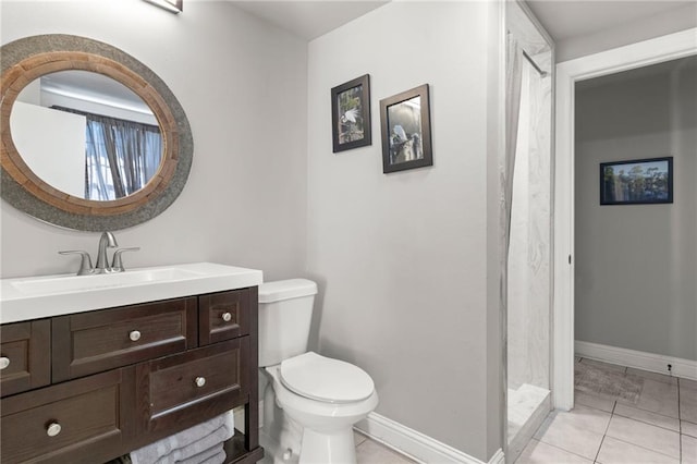 bathroom with tile patterned flooring, a shower with shower curtain, toilet, and vanity