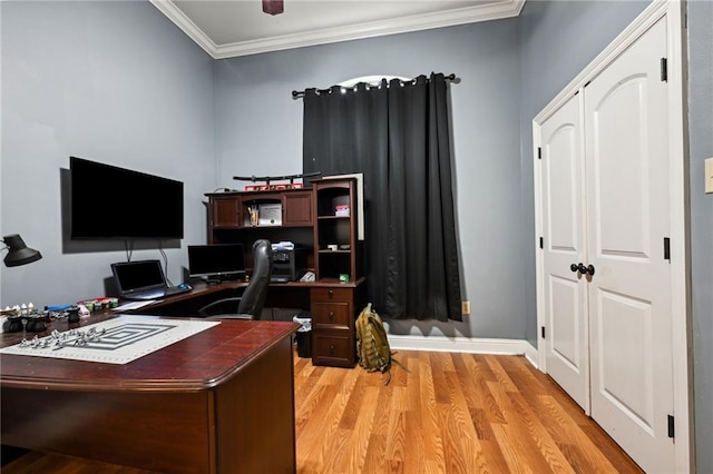 office area featuring ornamental molding and light hardwood / wood-style flooring