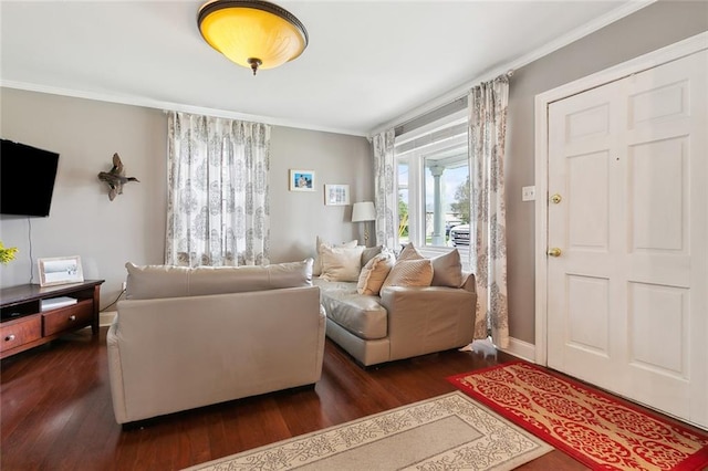 living room featuring dark wood-type flooring and crown molding