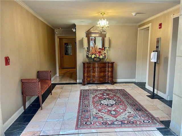 hallway featuring a chandelier and crown molding