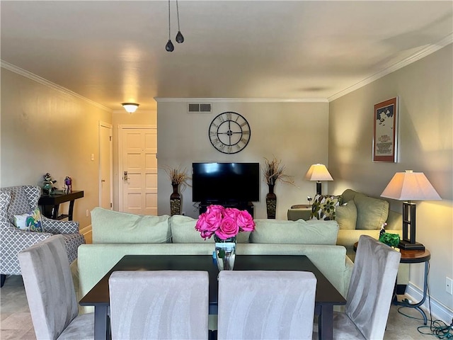 living room with crown molding