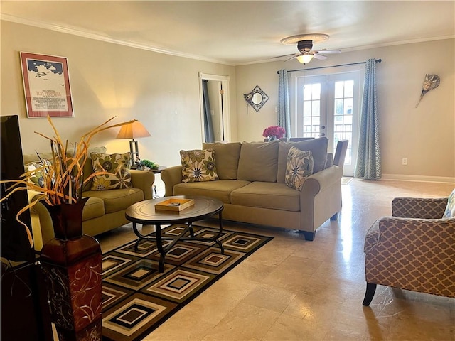 living room featuring ceiling fan, french doors, and ornamental molding