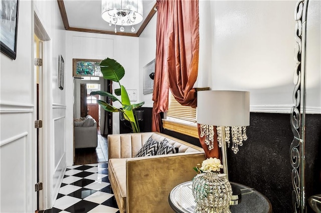 interior space featuring a notable chandelier and ornamental molding