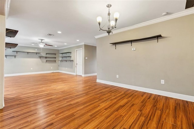 unfurnished living room with light wood-type flooring, crown molding, and ceiling fan with notable chandelier