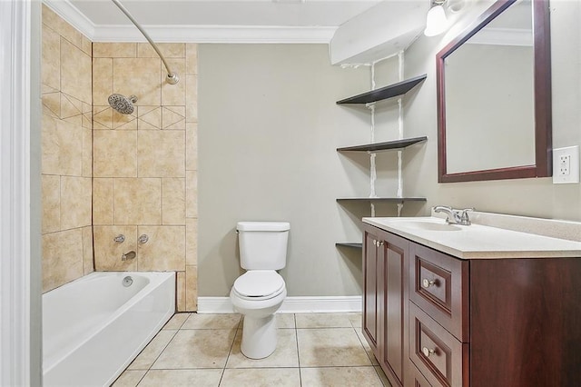 full bathroom featuring tile patterned flooring, tiled shower / bath, vanity, crown molding, and toilet