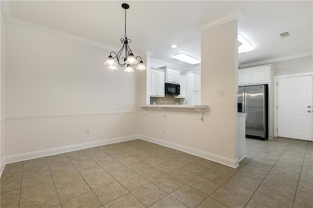 kitchen with backsplash, stainless steel fridge with ice dispenser, a kitchen breakfast bar, white cabinets, and kitchen peninsula