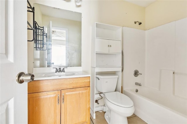 full bathroom with toilet, shower / tub combination, vanity, and tile patterned floors