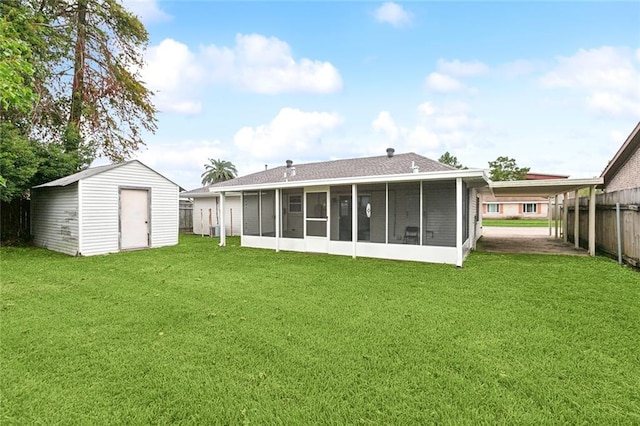 back of house with a sunroom, a yard, and a shed