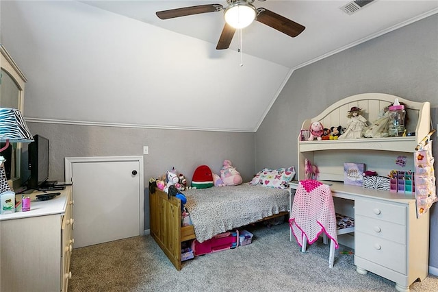 carpeted bedroom with ceiling fan and lofted ceiling