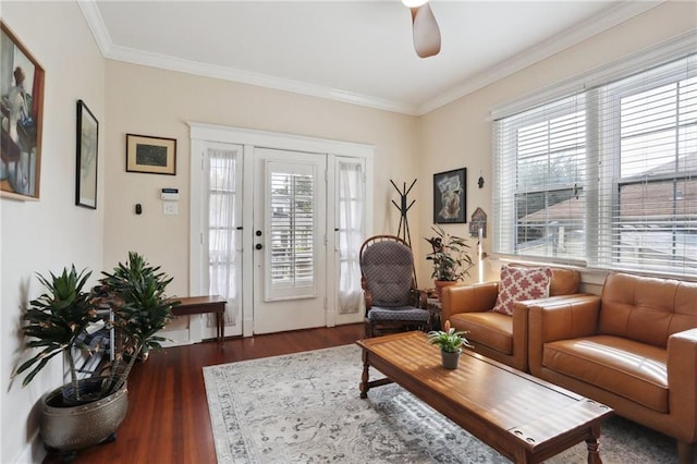 living room with crown molding, dark wood-type flooring, ceiling fan, and a healthy amount of sunlight