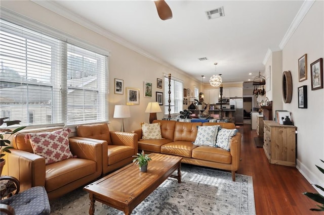 living room with ornamental molding, ceiling fan, and dark wood-type flooring