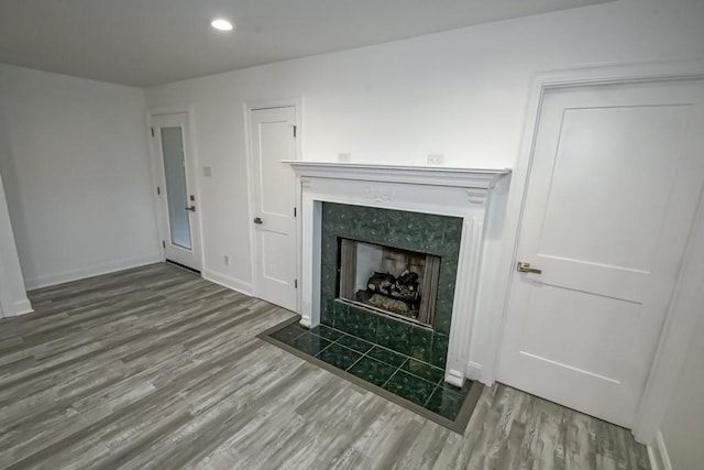 interior space featuring wood-type flooring and a tile fireplace