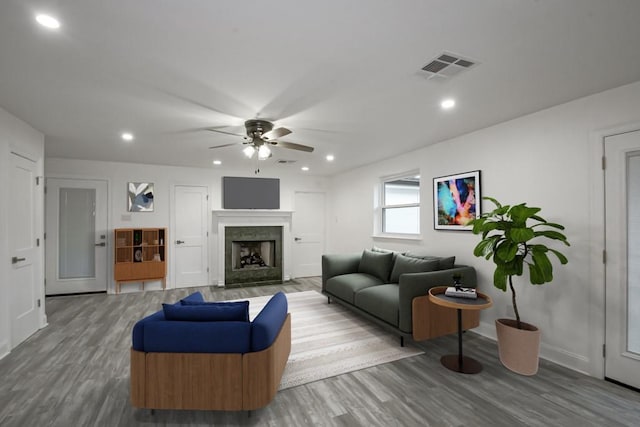 living room with hardwood / wood-style floors and ceiling fan