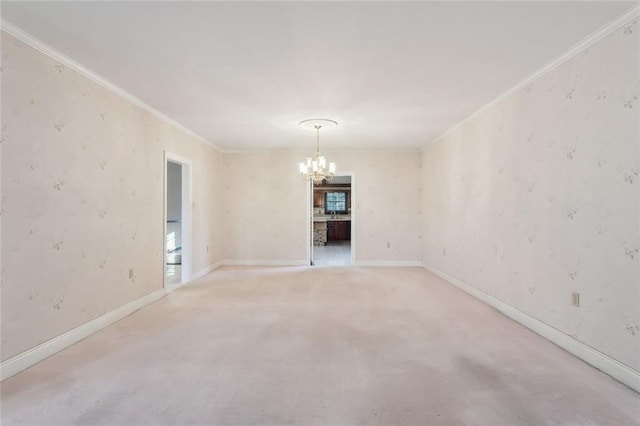 unfurnished room with ornamental molding and a notable chandelier