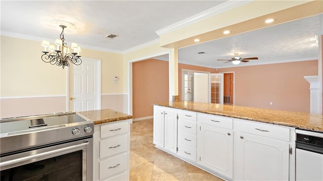 kitchen featuring decorative light fixtures, stainless steel range with electric cooktop, ceiling fan with notable chandelier, white cabinets, and ornamental molding