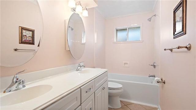 full bathroom featuring toilet, tile patterned flooring, bathing tub / shower combination, crown molding, and vanity