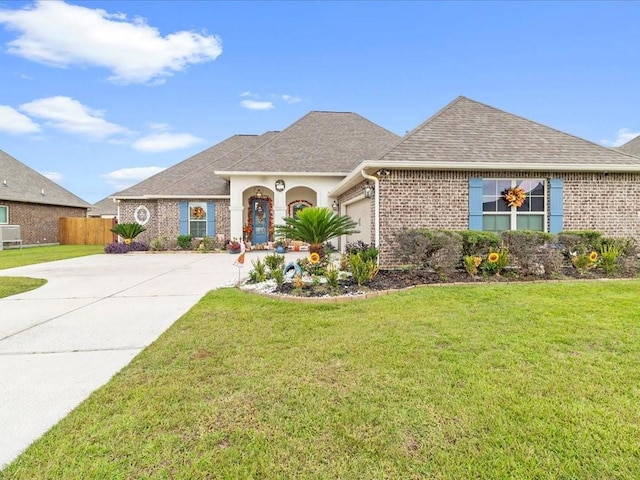 view of front of property featuring a front yard and a garage