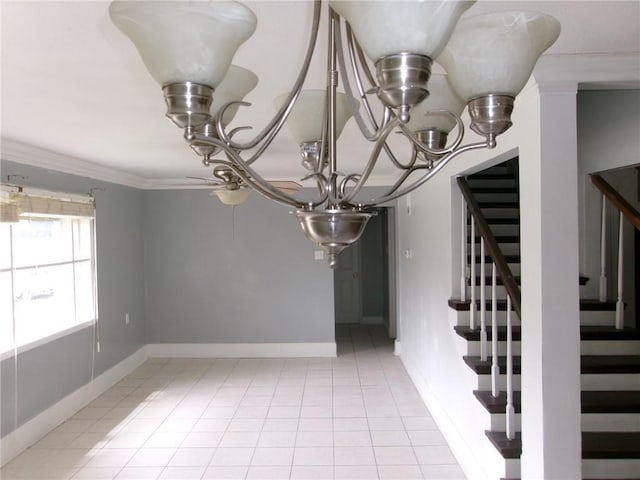 6919 Virgilian St, New Orleans, LA 70126 - interior space with baseboards, ornamental molding, stairway, ceiling fan with notable chandelier, and light tile patterned flooring