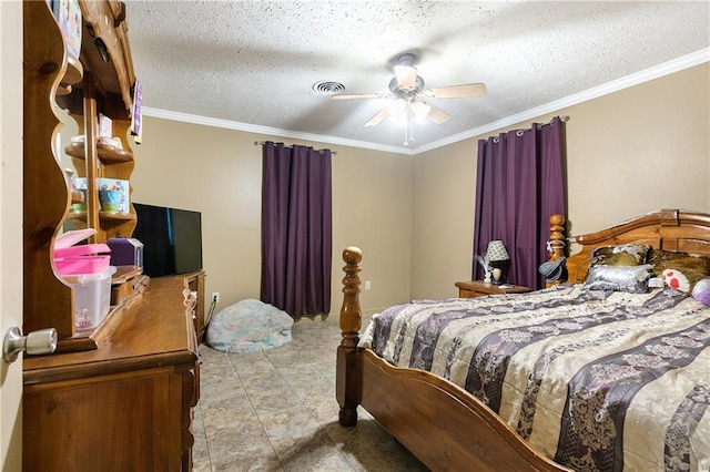 bedroom with a textured ceiling, ceiling fan, and crown molding