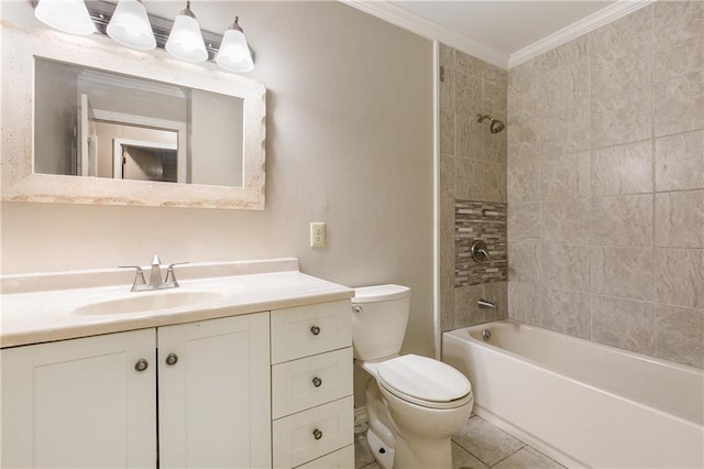 full bathroom featuring tiled shower / bath combo, tile patterned floors, toilet, vanity, and ornamental molding