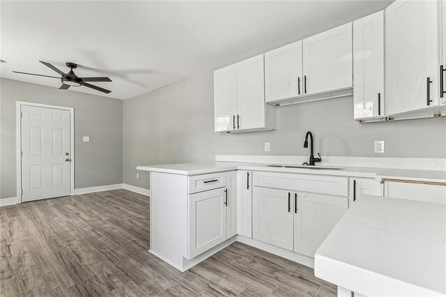 kitchen with white cabinets, light wood-type flooring, and sink