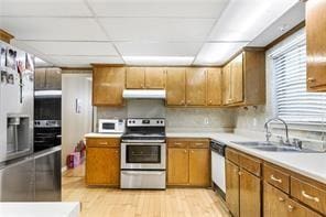 kitchen with a paneled ceiling, light hardwood / wood-style floors, sink, and stainless steel appliances