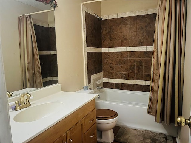 full bathroom with vanity, toilet, and shower / bath combo with shower curtain