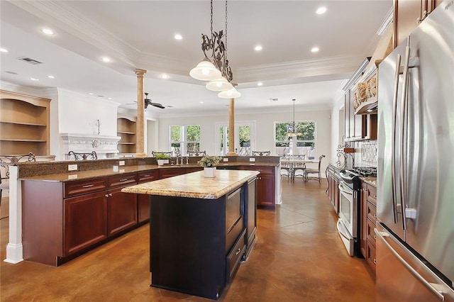 kitchen with a center island, crown molding, decorative light fixtures, kitchen peninsula, and stainless steel appliances