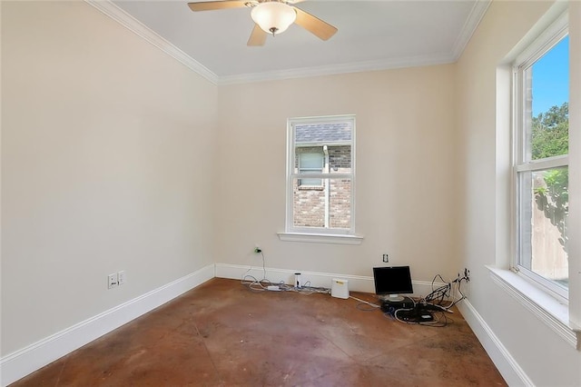 spare room featuring crown molding and ceiling fan