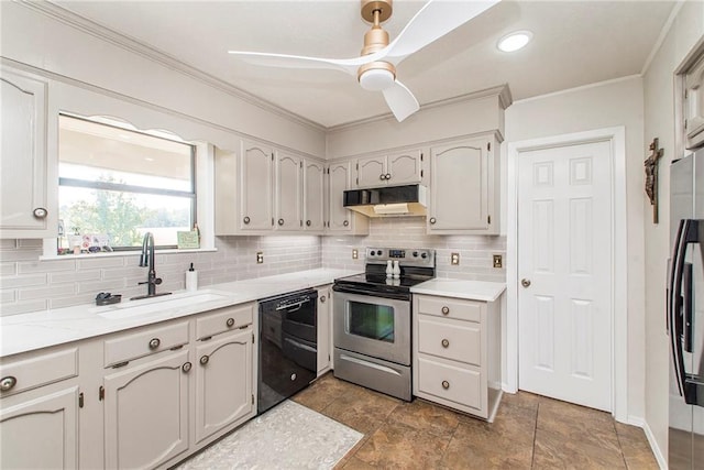 kitchen with decorative backsplash, appliances with stainless steel finishes, ornamental molding, sink, and white cabinetry