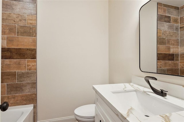 full bathroom featuring vanity, shower / washtub combination, and toilet