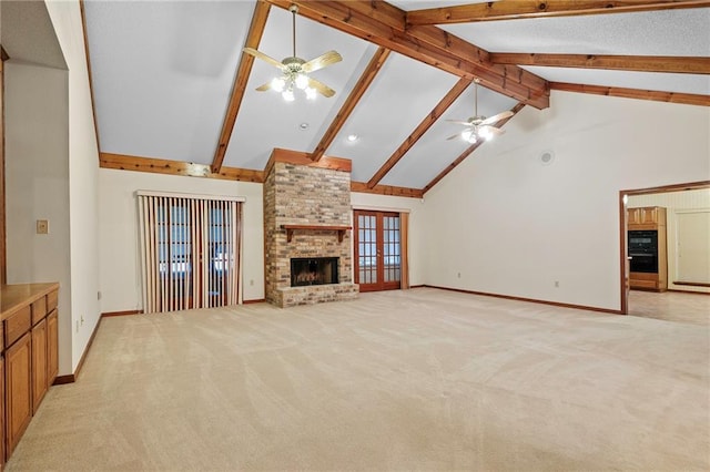 1391 E Ashton Ct, Slidell, LA 70460 - unfurnished living room featuring ceiling fan, high vaulted ceiling, light colored carpet, beamed ceiling, and baseboards