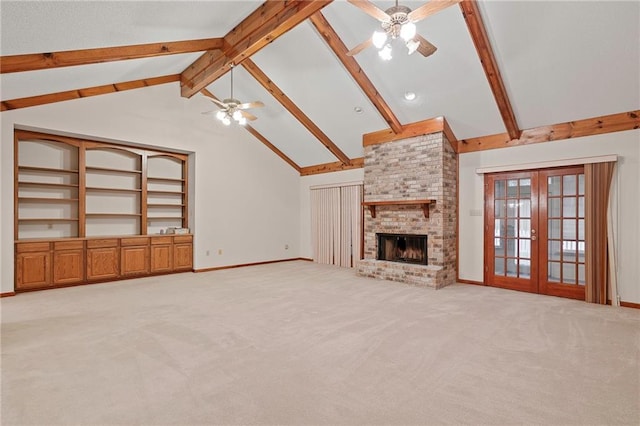 1391 E Ashton Ct, Slidell, LA 70460 - unfurnished living room featuring ceiling fan, beam ceiling, light carpet, baseboards, and a brick fireplace