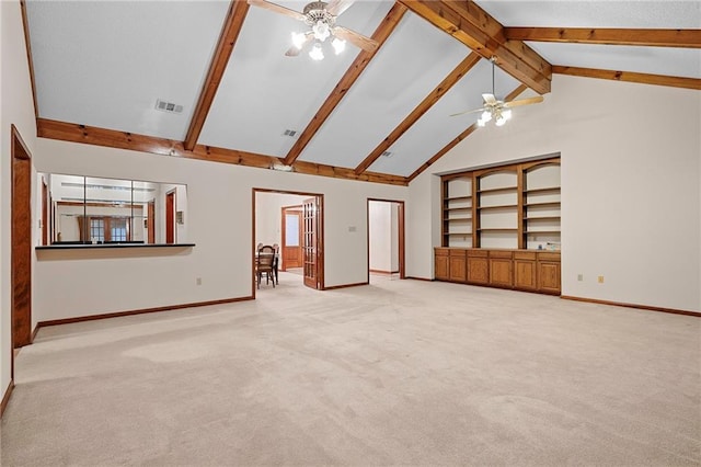 1391 E Ashton Ct, Slidell, LA 70460 - unfurnished living room featuring a ceiling fan, high vaulted ceiling, baseboards, carpet floors, and beam ceiling