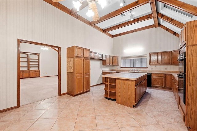 1391 E Ashton Ct, Slidell, LA 70460 - kitchen with high vaulted ceiling, a center island, light countertops, brown cabinets, and dishwasher