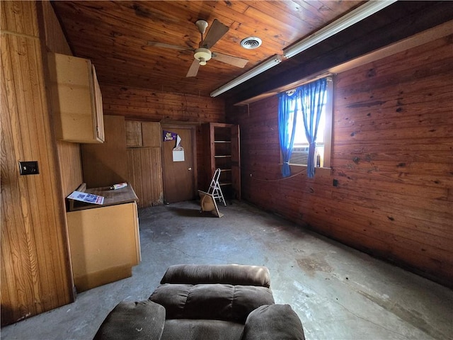 interior space featuring wooden walls, ceiling fan, and wood ceiling