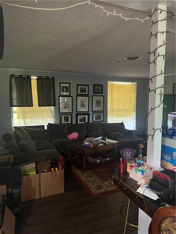 living room with wood-type flooring and a textured ceiling