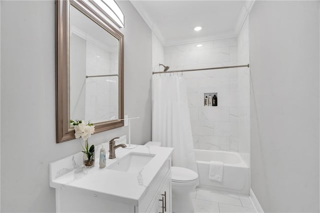 full bathroom with toilet, vanity, shower / bath combination with curtain, and ornamental molding