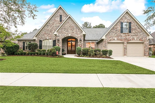 view of front of property with a garage, a front yard, and french doors