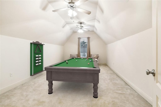 recreation room with vaulted ceiling, carpet, ceiling fan, and billiards