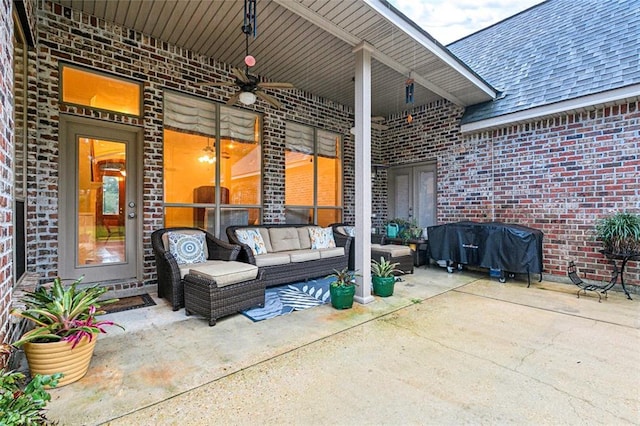 view of patio / terrace with outdoor lounge area, a grill, and ceiling fan