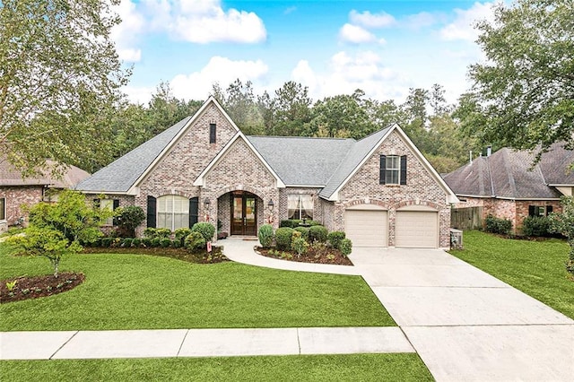 view of front of property with a garage, a front yard, and french doors