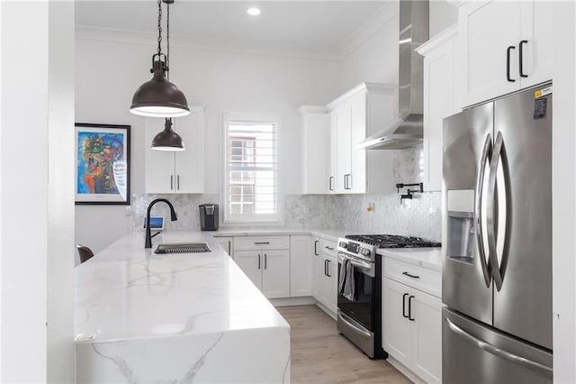 1201 Louisa St, New Orleans, LA 70117 - kitchen featuring stainless steel appliances, a sink, wall chimney range hood, ornamental molding, and decorative backsplash