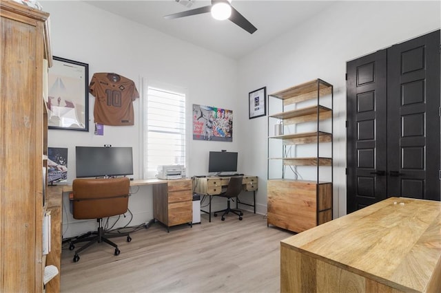 office featuring ceiling fan and light hardwood / wood-style flooring