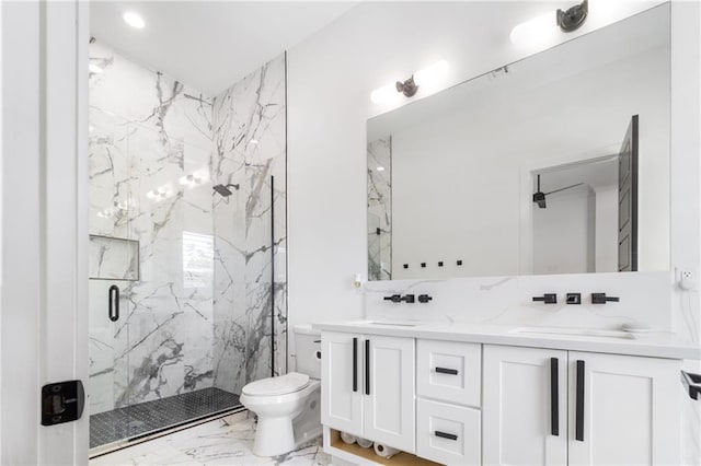 1201 Louisa St, New Orleans, LA 70117 - bathroom featuring marble look tiles, a marble finish shower, double vanity, and toilet