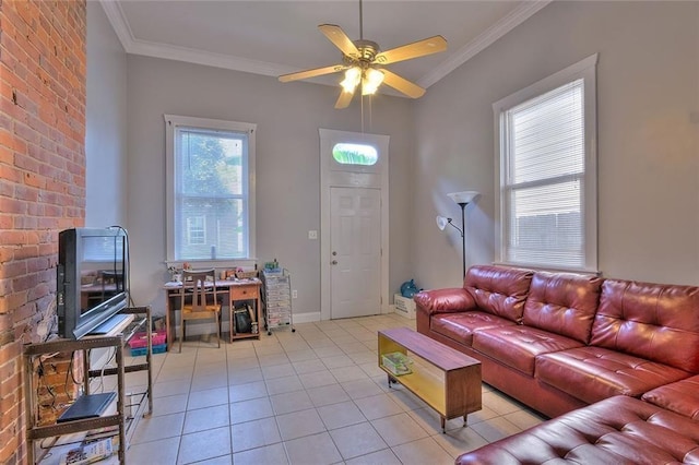 tiled living room featuring ceiling fan and ornamental molding